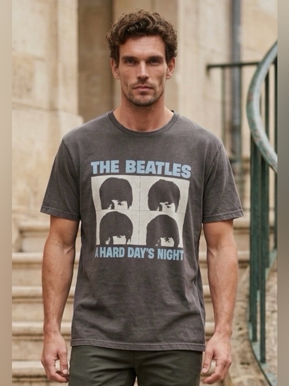 Mens The Beatles 'A Hard Day's Night' Graphic T‑Shirt - Acid Wash Gray L